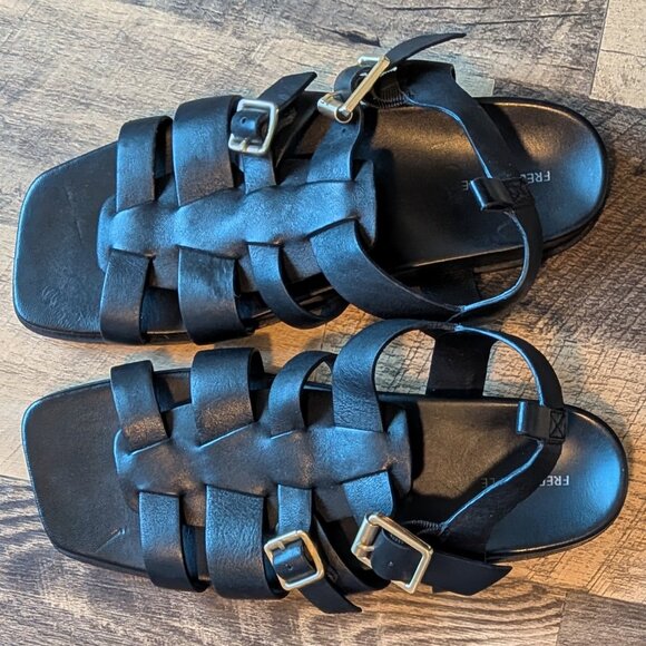 Free People Fisherman Sandals Black Leather Gold Buckles - Picture 6 of 8